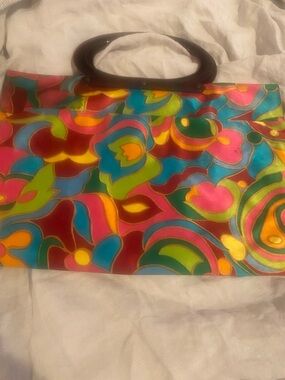 Vintage Colorful Floral Tote Bag with Brown Handles